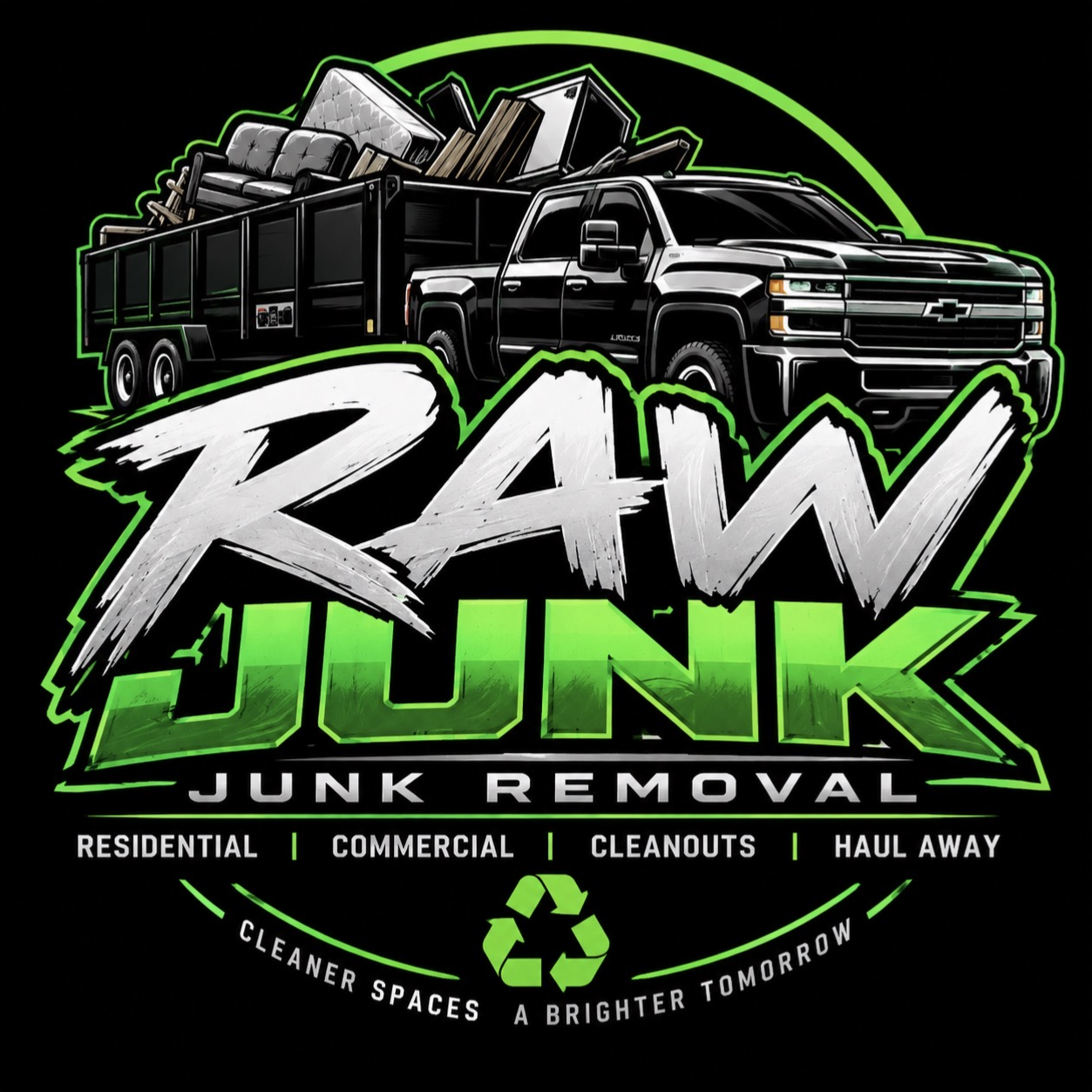 RAW JUNK logo with an illustrated truck and junk trailer. Cleaner spaces, a brighter tomorrow.
